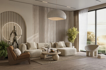 Cozy home interior in light pastel colors with wood wall panels and arch, 3d rendering   
