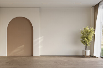 Cozy home interior in light pastel colors with hardwood flooring and arch wall, 3d rendering © Василь Чейпеш