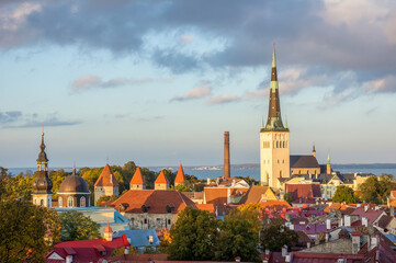 View of old town Tallinn including St Olaf's church tower. Estonia - obrazy, fototapety, plakaty