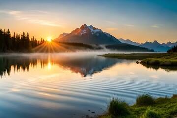 Naklejka na ściany i meble A breathtaking sunrise over a serene lake, with vibrant colors reflecting in the water.