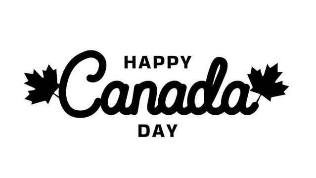 Happy Canada Day text animation black color alpha channel. handwriting animation for Canada Day with maple leaf. Hand lettering. Modern brush ink calligraphy for poster, banner, greeting card