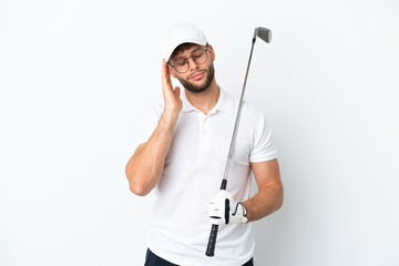 Handsome young man playing golf  isolated on white background with headache