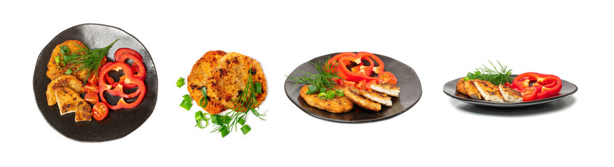 Schnitzel Isolated, Roasted Breaded Chicken Fillet, Homemade Escalope, Viennese Schnitzel on White