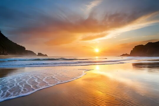 A tranquil beach at sunset, with golden sand, gentle waves, and a vibrant sky.