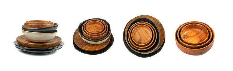 Empty Wood Bowls and Plates Isolated, Wooden Bowl, Black Plate Mockup on White Background Side View,