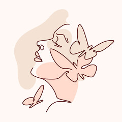 Modern line art, square Illustration with female silhouette, butterflies, natural tone spots. Vector beauty, skin care concept, logo. Boho one line woman face. Minimalist pastel tone print.