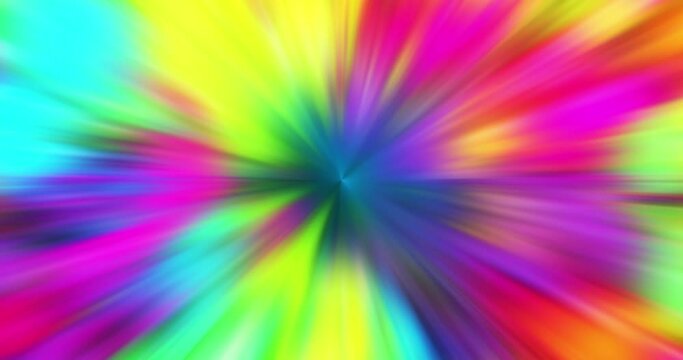 Multicolored bright tunnel, rainbow portal, color gradient. Hypnotic flicker glowing radial flying lines motion and illuminated multi colored light effect in vortex tunnel. Abstract background