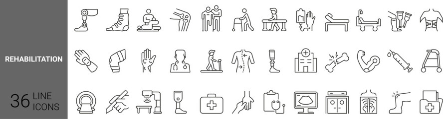 Set of 36 Physiotherapy, rehabilitation icons. Prosthetics Vector Illustration. medicine and health flat design signs and symbols with elements for mobile concepts and web apps.