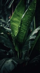 a photo of a bunch of banana Leaf surrounded by drops of rain water generative ai