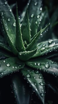 a photo of a bunch of aloevera Leaf surrounded by drops of rain water generative ai