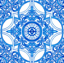Ceramic tile design in blue colors. Sicilian seamless ornament. Baroque watercolor background. Hand drawn royal ornament. Mediterranean Italian print.