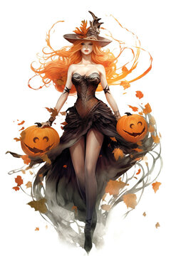 A woman in a witch costume holding two pumpkins. Generative AI.