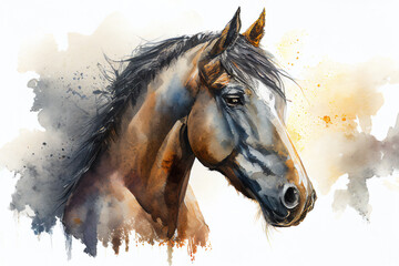 Horse head portrait in an Aquarelle abstract watercolour painting which could be used as an equine poster or flyer, computer Generative AI stock illustration image
