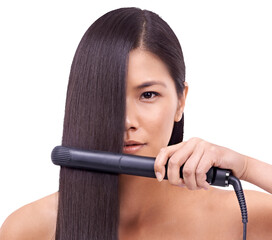 Asian woman, portrait and hair straightener for salon treatment isolated on a transparent PNG...