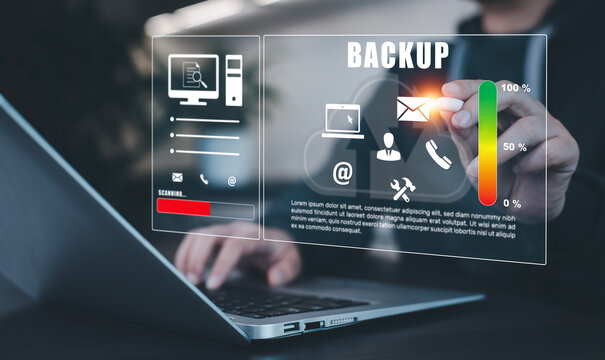 Software Internet data storage backup, Businessman using a computer to backup storage data Internet technology for backup online documentation database and digital file storage system, sharing Folder.