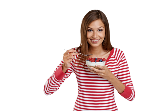 Portrait, nutrition and woman with berries, eating and model isolated against a transparent background. Face, female person or girl with fruit, healthy snack and wellness with diet, breakfast and png