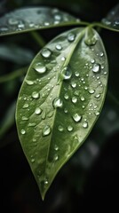a photo of a bunch of ylang ylang Leaf surrounded by drops of rain water generative ai