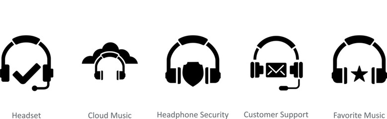 A set of 5 Contact icons as headset, cloud music, headphone security