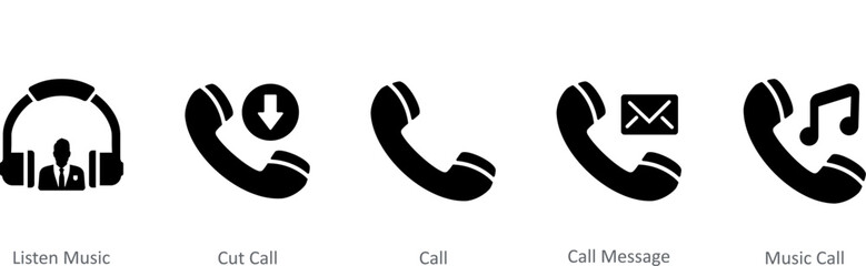 A set of 5 Contact icons as listen music, cut call, call