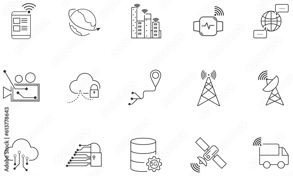 Poster set of wireless telecom communication signal icon. satellite technology outline vector.