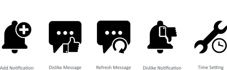 A set of 5 Contact icons as add notification, dislike message, refresh message