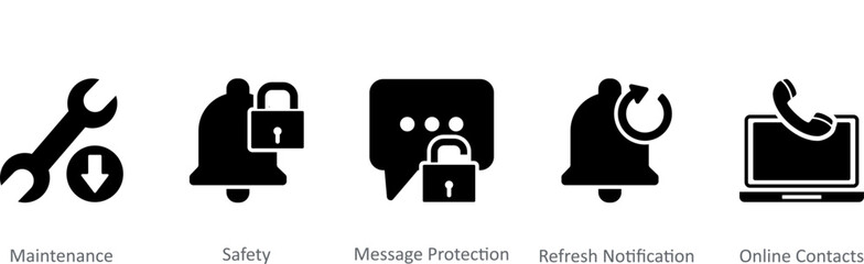 A set of 5 Contact icons as maintenance, safety, message protection