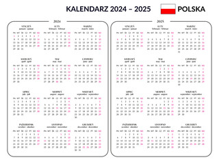 Kalendarz skrócony na rok 2024 2025. Polski język. Polska. Święta długie weekendy - obrazy, fototapety, plakaty