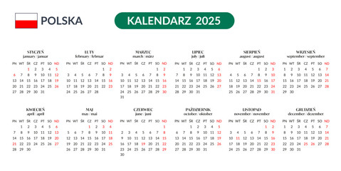 Kalendarz skrócony na rok 2024 2025. Polski język. Polska. Święta długie weekendy - obrazy, fototapety, plakaty