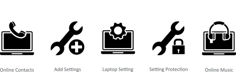 A set of 5 Contact icons as online contacts, add settings, laptop setting