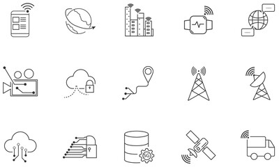 Set of wireless telecom communication signal icon. Satellite technology outline vector.