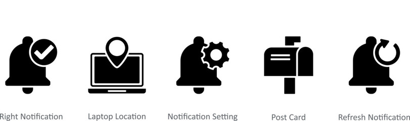 A set of 5 Contact icons as right notification, laptop location, notification setting