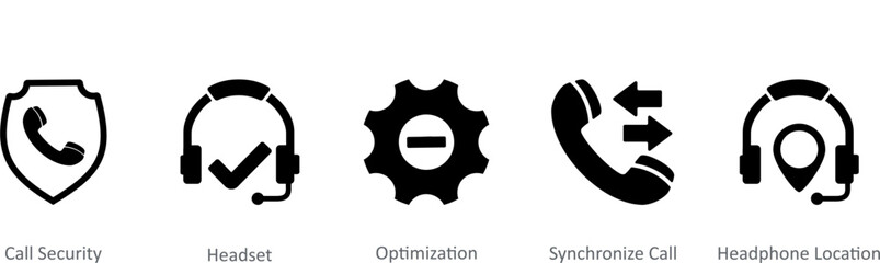 A set of 5 Contact icons as call security, headset, optimization