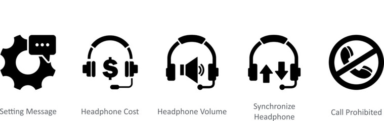 A set of 5 Contact icons as setting message, headphone cost, headphone cost