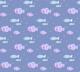 Marine seamless pattern with fish. Vector cartoon background for nursery fabric, paper, decor, toys and clothes. Cute baby illustration in pastel colors.