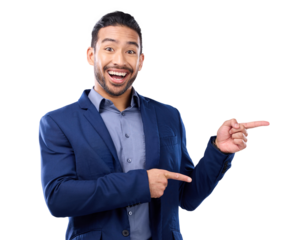 Portrait, excited man and pointing for business isolated on a transparent png background. Asian person, hand gesture and point to marketing, advertising or commercial branding, promotion and happy