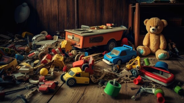 Forgotten toys lie scattered on the floor, frozen in time, remnants of a childhood left behind in a rush of departing footsteps. Generative AI