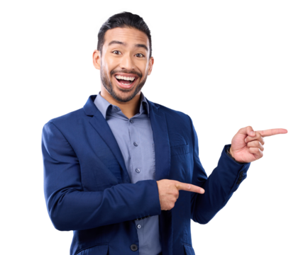 Portrait, excited man and pointing for business isolated on a transparent png background. Asian person, hand gesture and point to marketing, advertising or commercial branding, promotion and happy