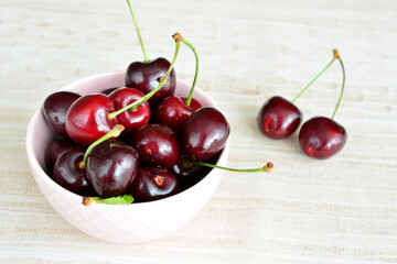 pink bowl with red cherries isolated on pastel background, copy space  