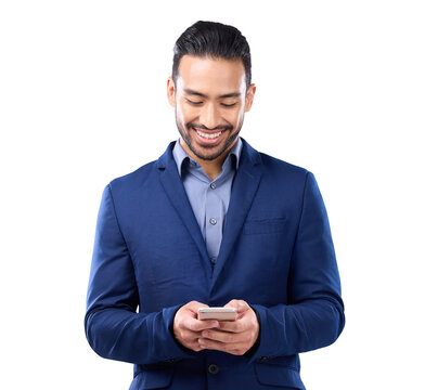 Business Man, Phone And Typing Online For Communication, Social Media Or Email. Happy Asian Male Person On Smartphone For Network Connection, Internet Or App Isolated On A Transparent, Png Background