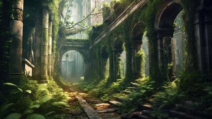 Nature reclaims its dominion as vines coil around decaying pillars. Embracing the forgotten architecture in a relentless embrace. Generative AI