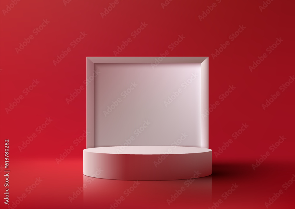 Poster 3d realistic empty white podium pedestal stand with square box backdrop on red background