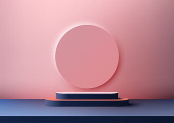 3D realistic blue podium steps stand with circle backdrop minimal wall scene on pink background