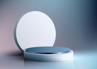 3D realistic empty white and blue podium stand with circle decoration backdrop on blue background