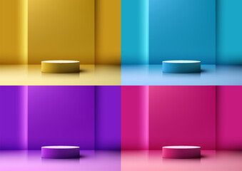 Set of 3D realistic empty bright colors podium pedestal stand minimal wall scene background