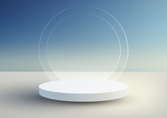 3D realistic empty white podium stand with glass circle backdrop minimal wall scene on blue sky background and natural lighting