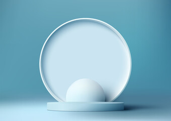 3D realistic empty blue podium stand with white circle backdrop minimal wall scene on blue background