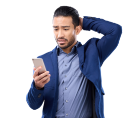 Stress, phone and business man confused for stock market, trading mistake or sales error. Scam, wrong email or corporate person reading online problem or debt isolated on transparent, png background