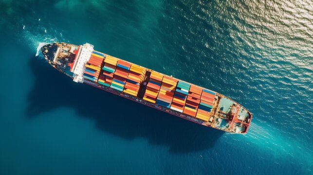 Aerial top down view of a large container cargo ship in motion over open ocean with copy space Generative AI