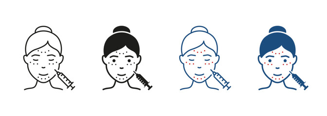 Anti-Aging Skin Care Procedure for Women Line and Silhouette Icon Set. Injection for Facial Wrinkles Pictogram. Mesotherapy, Acid and Filler Symbol Collection. Isolated Vector Illustration