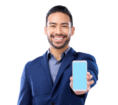 Business man, phone and green screen mockup portrait with website, advertising and mobile app. Happy asian person with blank smartphone for internet ux or ui isolated on a transparent, png background